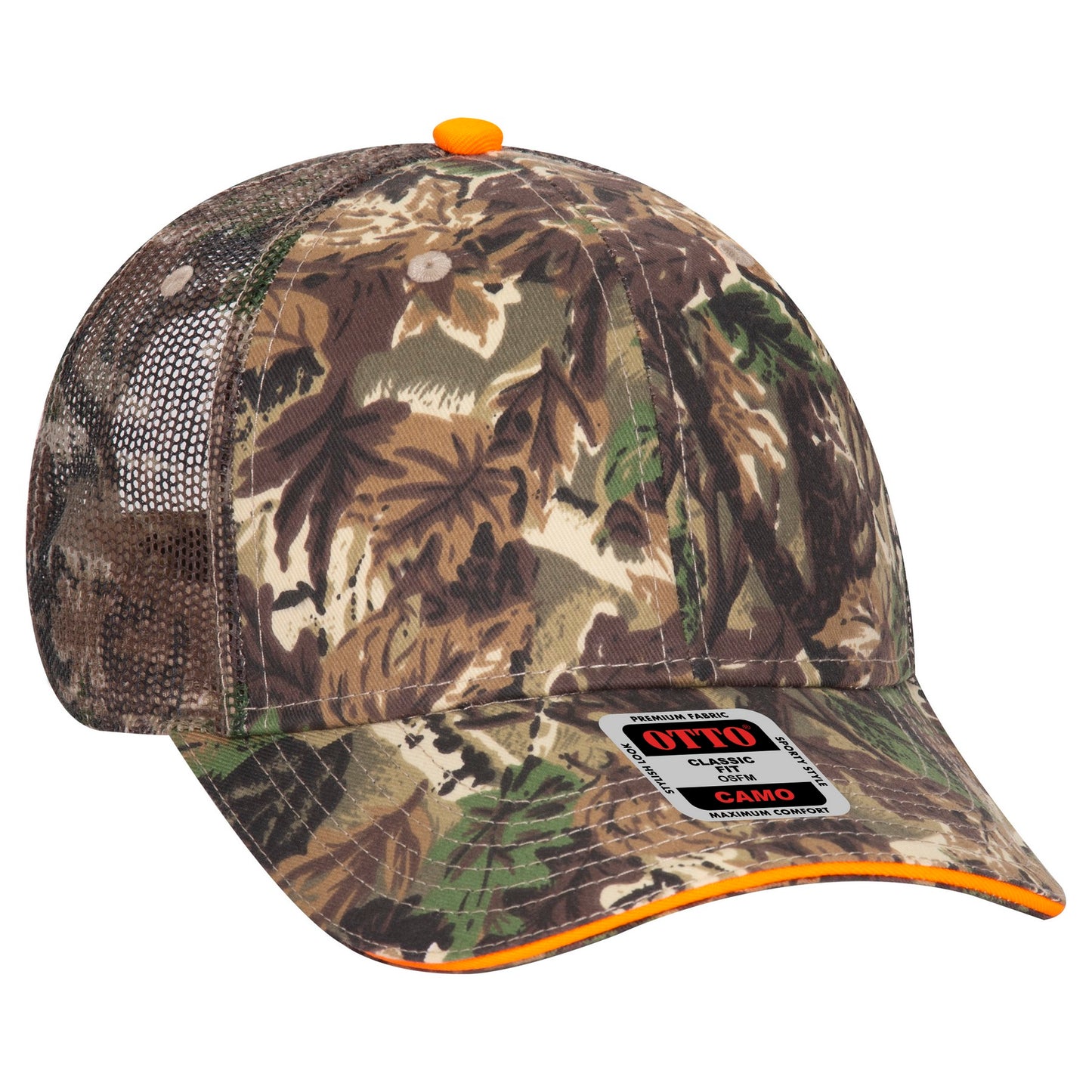 OTTO Camouflage Cotton Blend Twill Sandwich Visor 6 Panel Low Profile Mesh Back Trucker Hat