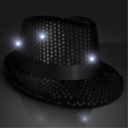 Custom Shiny Black Fedora Hat w/ Flashing Lights - Domestic Print