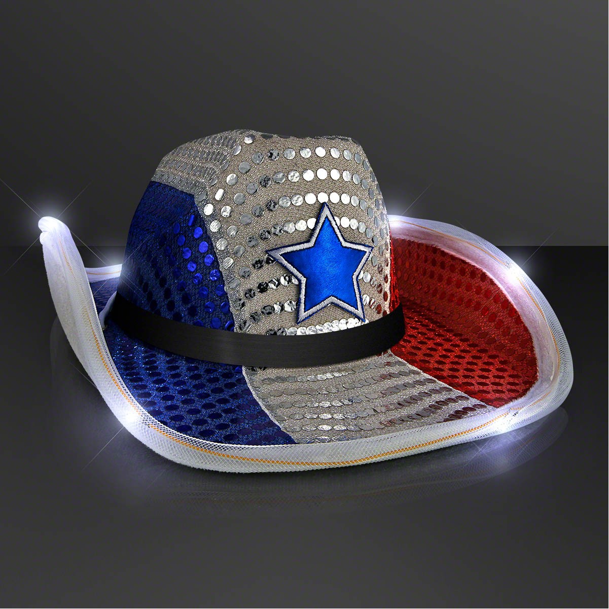 Red White & Blue LED Cowboy Hat with Black Band - Domestic Print