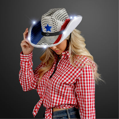 Red White & Blue LED Cowboy Hat with Black Band - Domestic Print