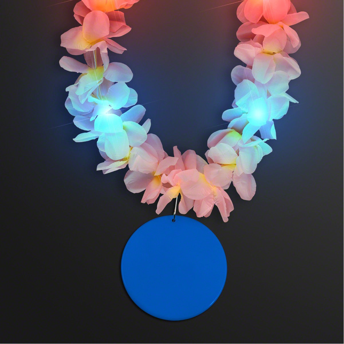 Light Up Hawaiian Leis with Custom Blue Medallion - Domestic Print