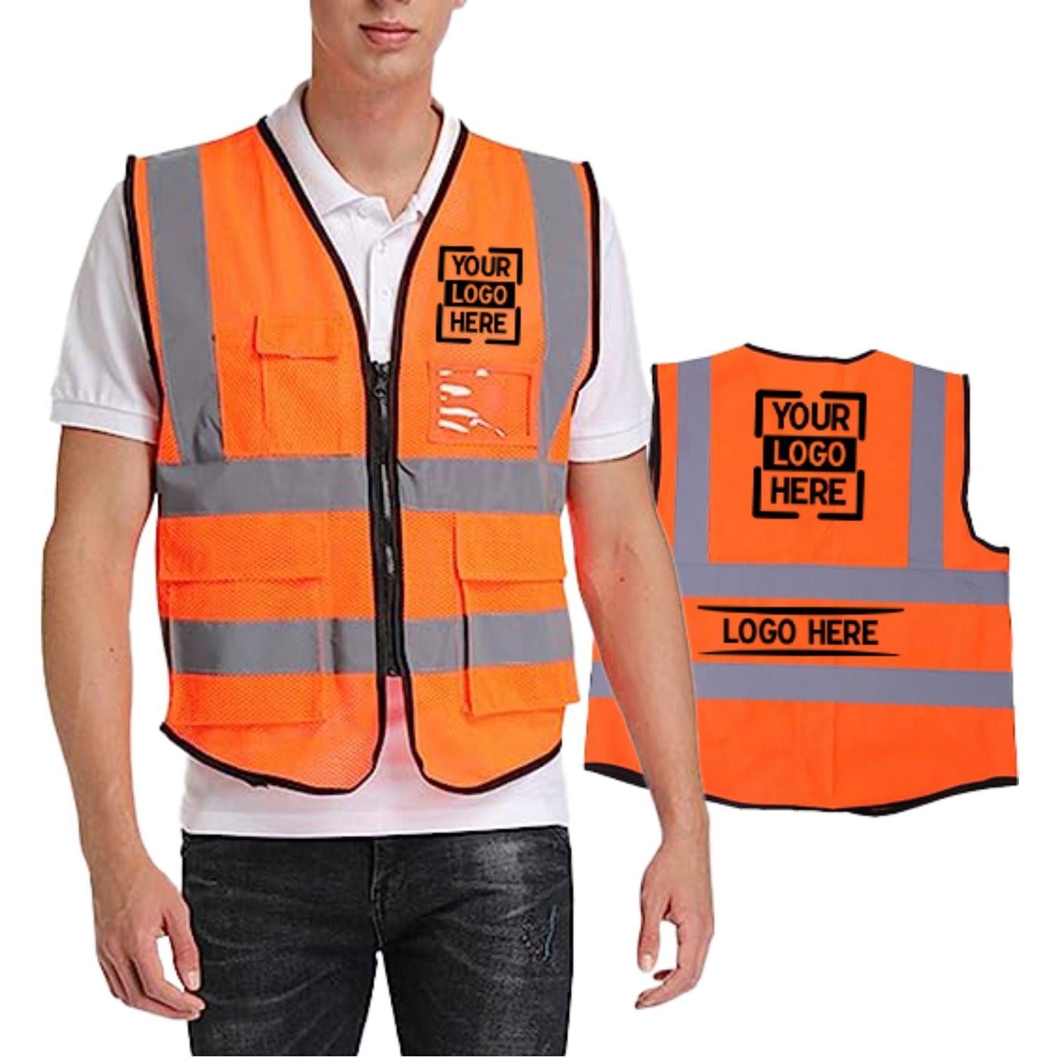 Mesh Hi Vis Class 2 Reflective Tape Safety Zipper Vest With Pockets