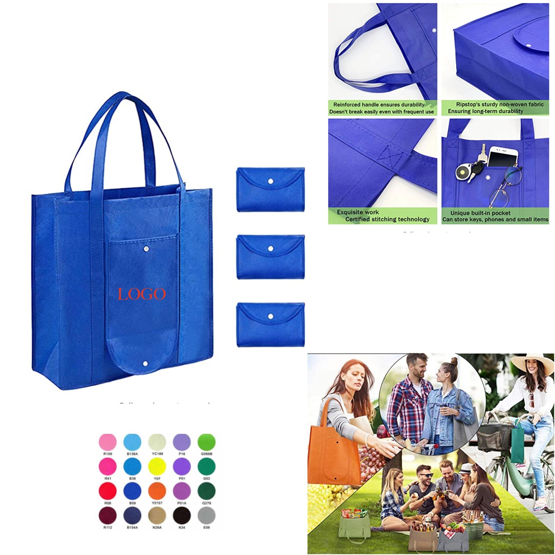 Foldable With Pocket Button Shopping Tote Promotional Grocery Bag