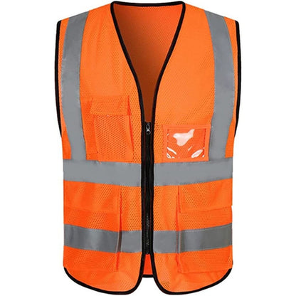 Mesh Hi Vis Class 2 Reflective Tape Safety Zipper Vest With Pockets