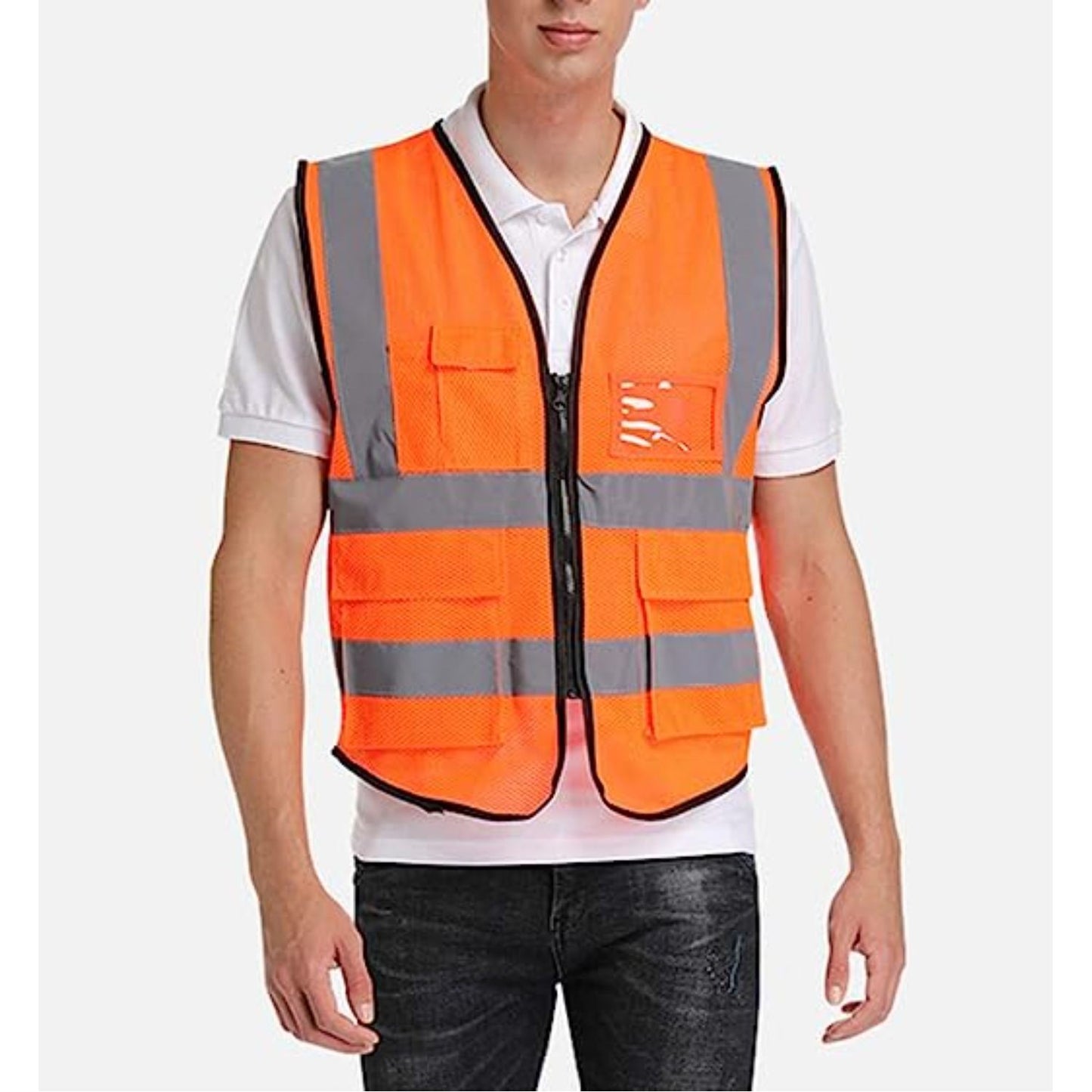 Mesh Hi Vis Class 2 Reflective Tape Safety Zipper Vest With Pockets