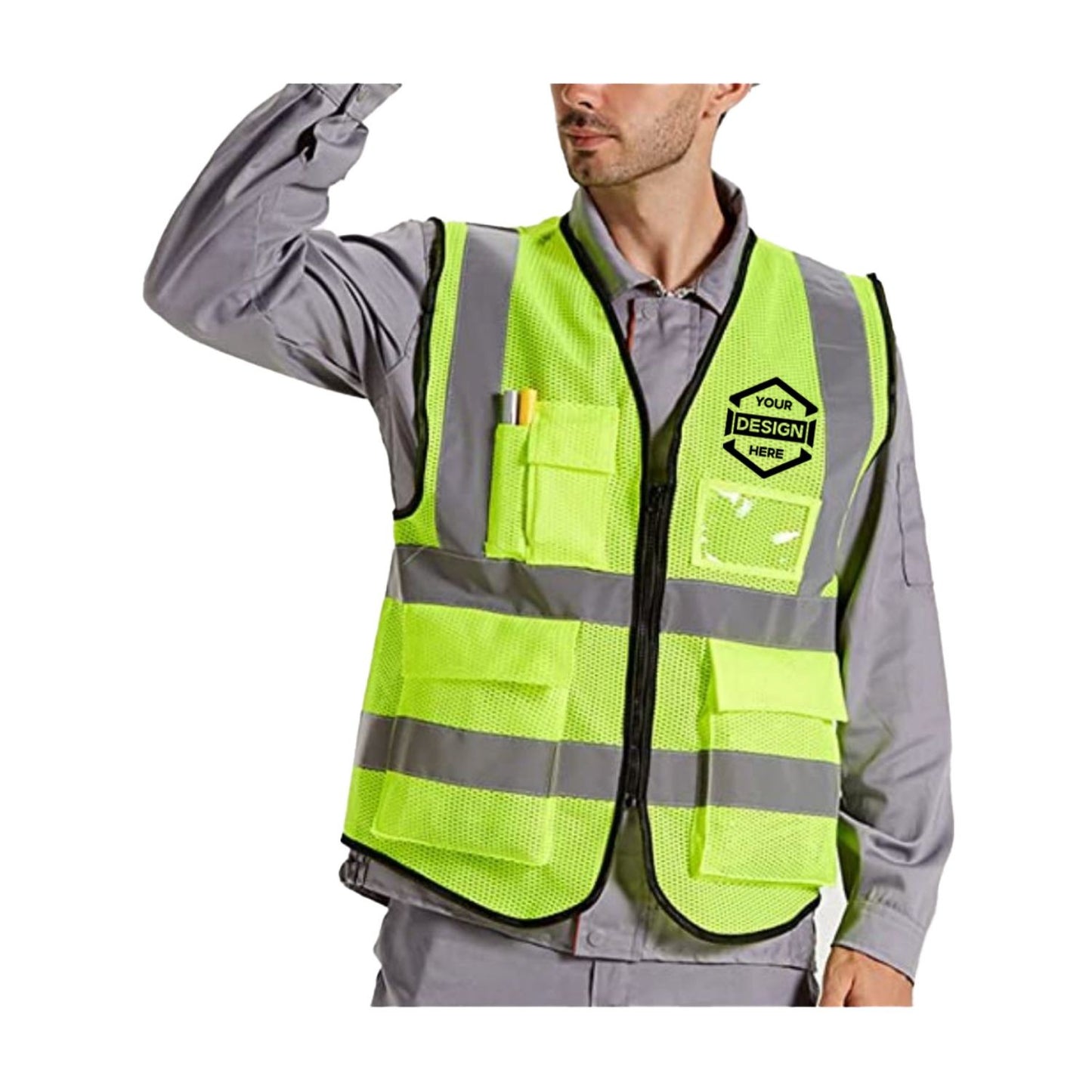 Mesh Hi Vis Class 2 Reflective Tape Safety Zipper Vest With Pockets