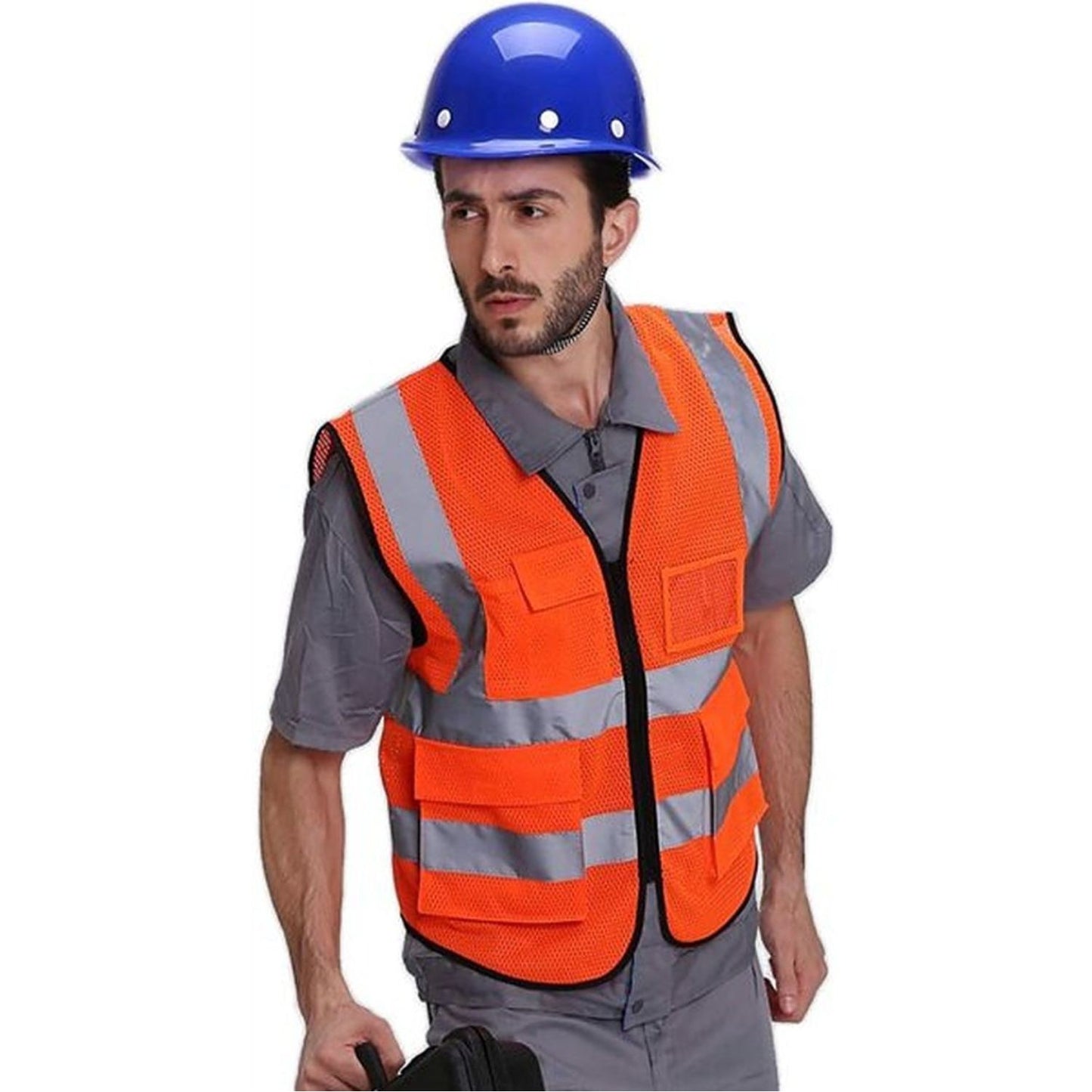 Mesh Hi Vis Class 2 Reflective Tape Safety Zipper Vest With Pockets