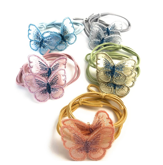 Pastel Embroidered Butterfly Elastic Hair Ties 10-Pack (2 of each color)