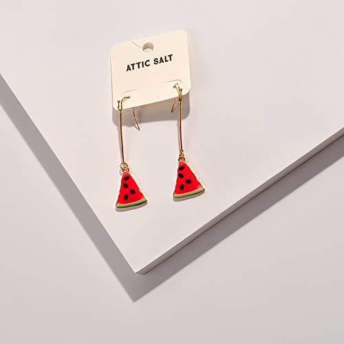 Realistic Pink And Red Watermelon Slice Dangle Drop Earrings, Fish Hook Closure, Gold Finish Drop Link, For Women And Girls