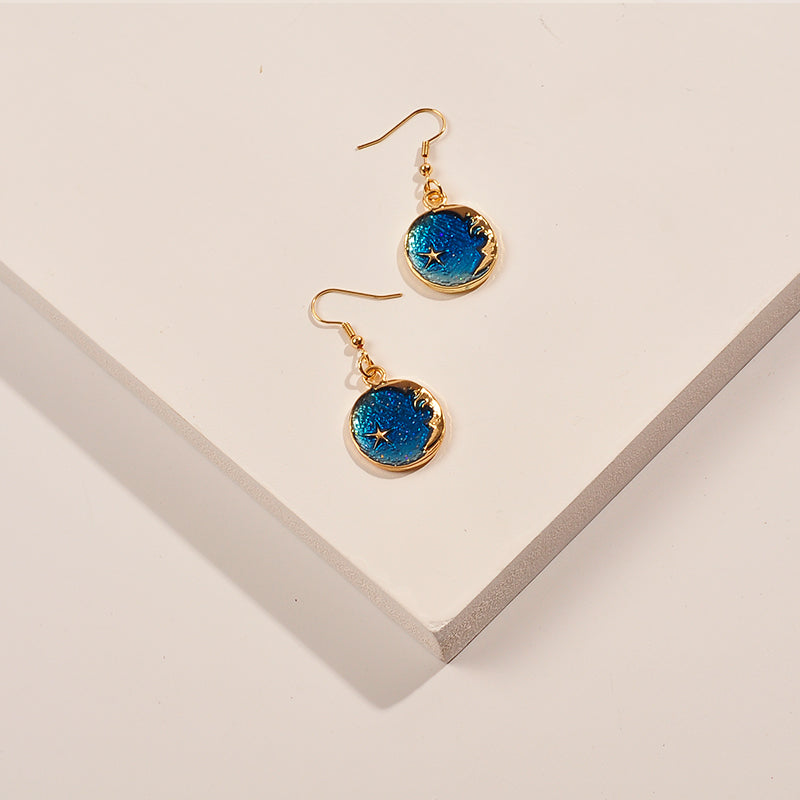 Gold And Blue Round Crescent Moon and Star Disc Dangle Earring and Necklace Set, For Women, Fish Hook Closure, Everyday Jewelry