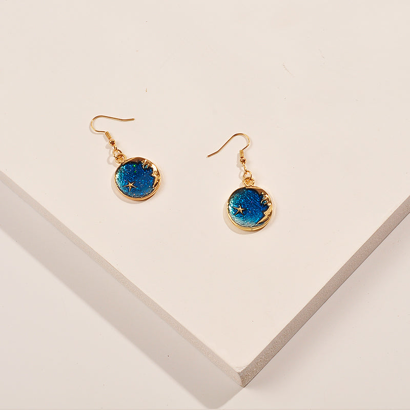 Gold And Blue Round Crescent Moon and Star Disc Dangle Earring and Necklace Set, For Women, Fish Hook Closure, Everyday Jewelry