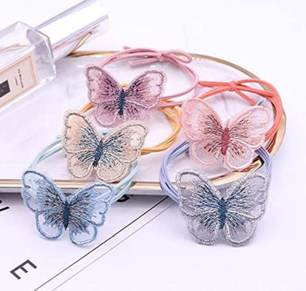 Pastel Embroidered Butterfly Elastic Hair Ties 10-Pack (2 of each color)