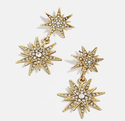 Seven Pointed Gold And Crystal Star Dangle Earrings, Glass Crystal Details, Gold Finish, Push Back Closure, For Women And Girls