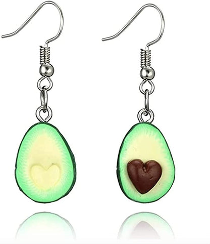 Realistic 3D Avocado Dangle Earrings, Fish Hook Closure, Silver Finish, One Side With Heart Pit, Food Inspired Jewelry, Green And Brown