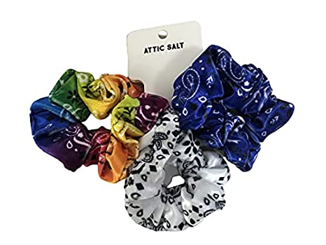 3-Pack Large Soft Velvet-Like Bandana Print Hair Scrunchies for Women and Girls, Elastic Tie for All Hair Types , Rainbow, White, Blue