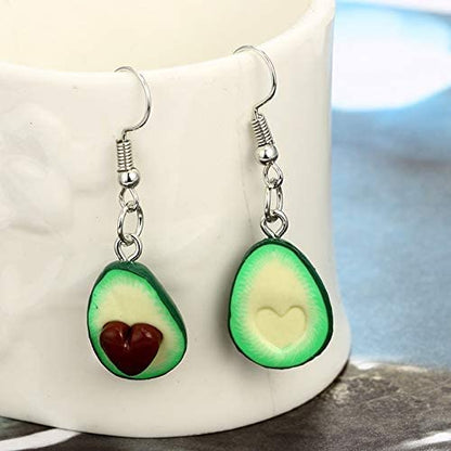 Realistic 3D Avocado Dangle Earrings, Fish Hook Closure, Silver Finish, One Side With Heart Pit, Food Inspired Jewelry, Green And Brown