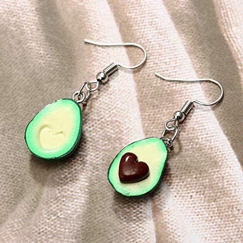 Realistic 3D Avocado Dangle Earrings, Fish Hook Closure, Silver Finish, One Side With Heart Pit, Food Inspired Jewelry, Green And Brown