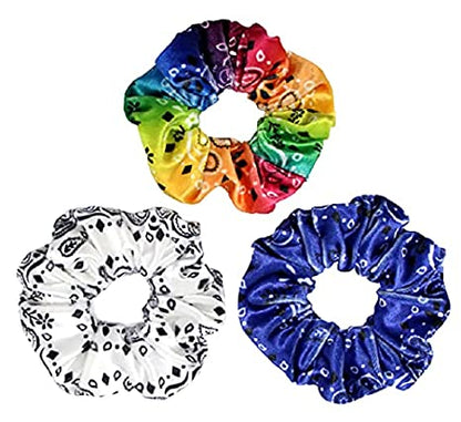 3-Pack Large Soft Velvet-Like Bandana Print Hair Scrunchies for Women and Girls, Elastic Tie for All Hair Types , Rainbow, White, Blue