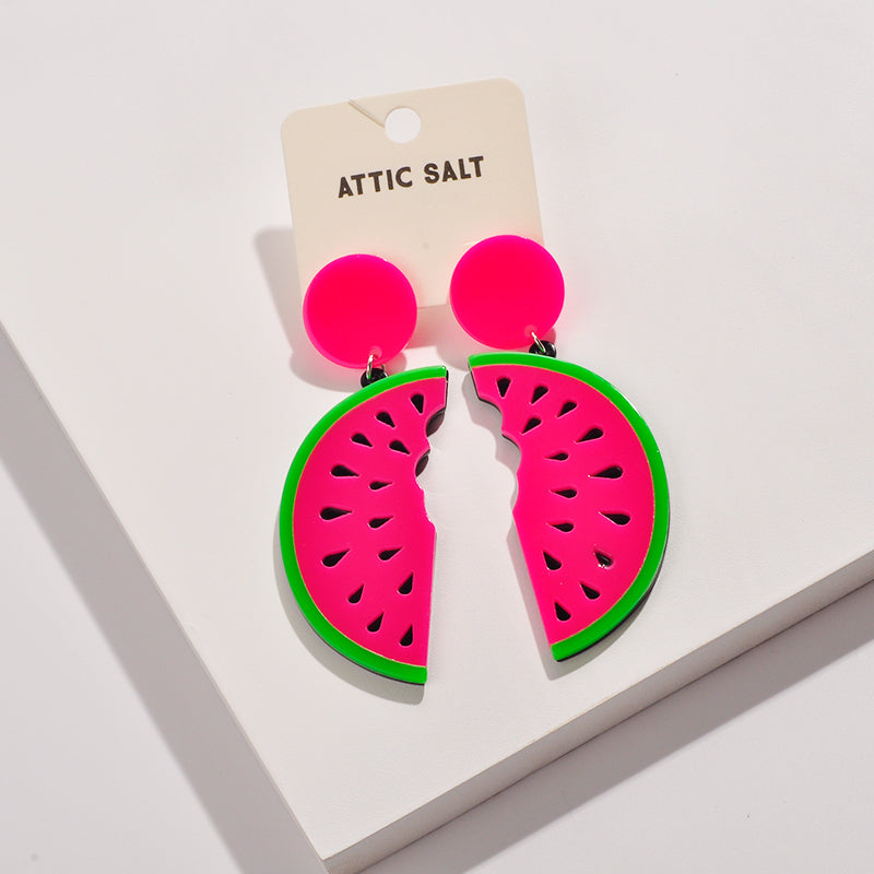 Oversized/Large Hot Pink Enamel Disc Stud With Watermelon Slices Charm Dangle Earrings, 4.5" Charm, Clear Push Back Closure, For Women