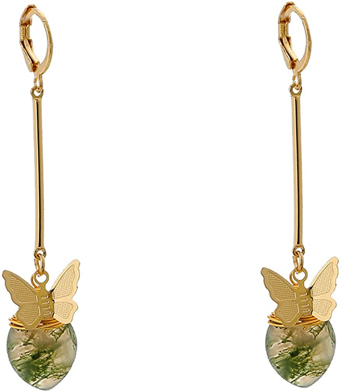 Mini Fluttering Butterfly On Semi-Precious Gem Dangle Earring, Gold Finish, Dainty Jewelry, Lever Back Closure, For Women