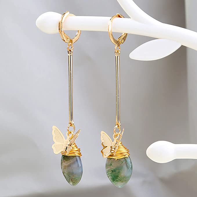 Mini Fluttering Butterfly On Semi-Precious Gem Dangle Earring, Gold Finish, Dainty Jewelry, Lever Back Closure, For Women