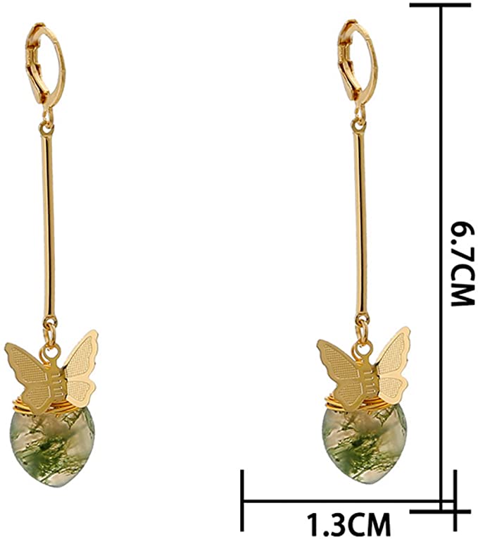 Mini Fluttering Butterfly On Semi-Precious Gem Dangle Earring, Gold Finish, Dainty Jewelry, Lever Back Closure, For Women