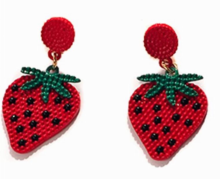 Bohemian Beaded Metal Strawberry Dangle Earring With Green Lobe Cover, Push Back Closure, Black, Red And Green Beads, Realistic Strawberry Charm