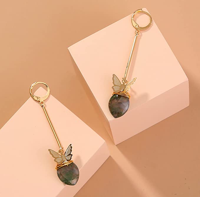 Mini Fluttering Butterfly On Semi-Precious Gem Dangle Earring, Gold Finish, Dainty Jewelry, Lever Back Closure, For Women