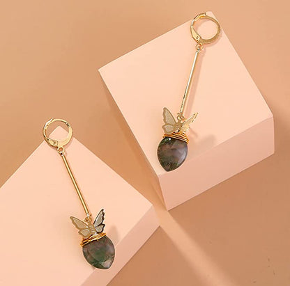 Mini Fluttering Butterfly On Semi-Precious Gem Dangle Earring, Gold Finish, Dainty Jewelry, Lever Back Closure, For Women