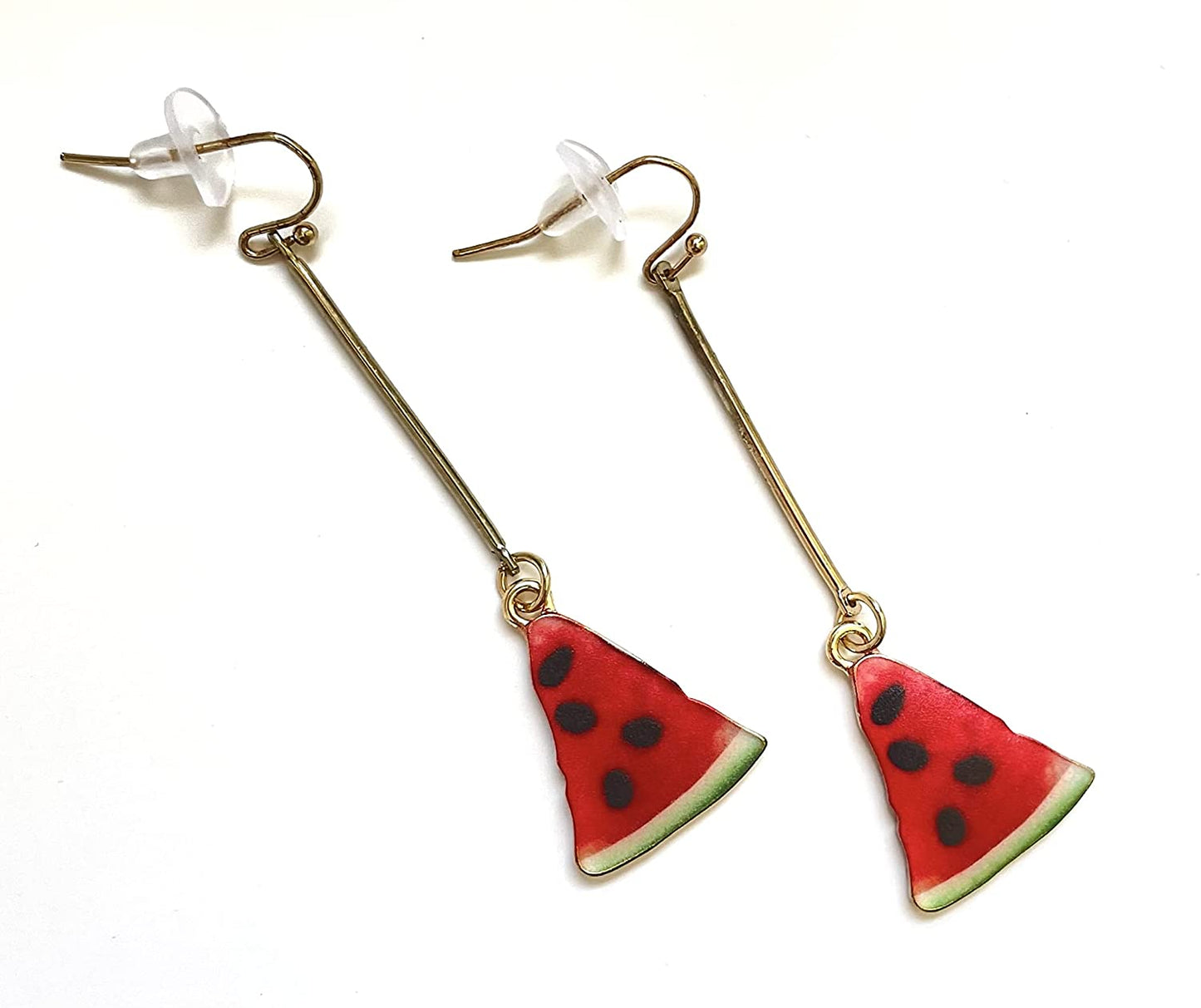 Realistic Pink And Red Watermelon Slice Dangle Drop Earrings, Fish Hook Closure, Gold Finish Drop Link, For Women And Girls