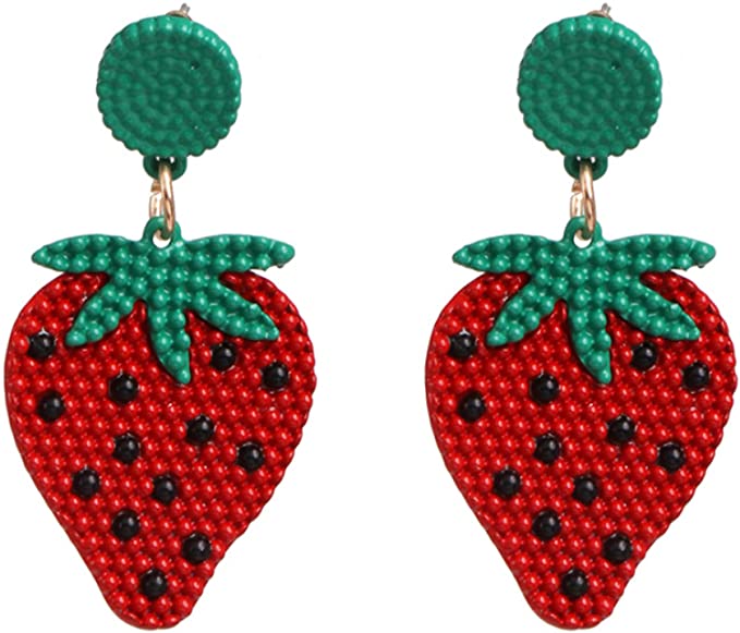 Bohemian Beaded Metal Strawberry Dangle Earring With Green Lobe Cover, Push Back Closure, Black, Red And Green Beads, Realistic Strawberry Charm