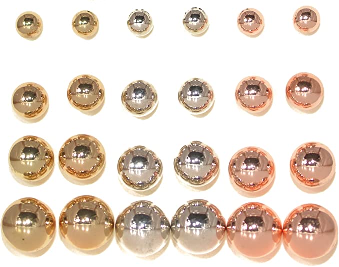 12-Pairs Mixed Metal Ball Stud Earrings For Women And Girls, Four Sizes, Gold Silver Rose Gold Finish, Clear Push Back Closure