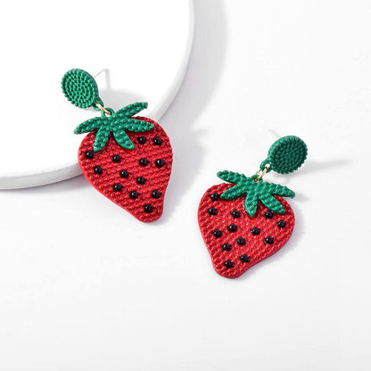 Bohemian Beaded Metal Strawberry Dangle Earring With Green Lobe Cover, Push Back Closure, Black, Red And Green Beads, Realistic Strawberry Charm