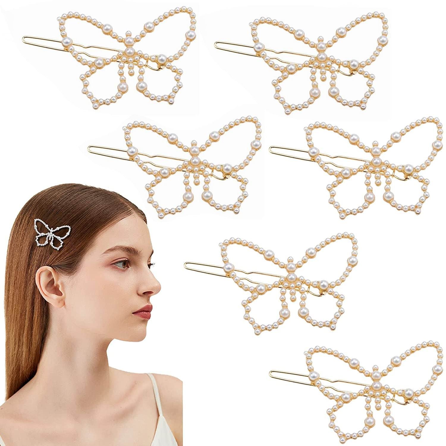 6 PCS Pearl Butterfly Hair Clips Hollow Hair Pins Metal Butterfly Hair Barrettes for Women Hair Accessories