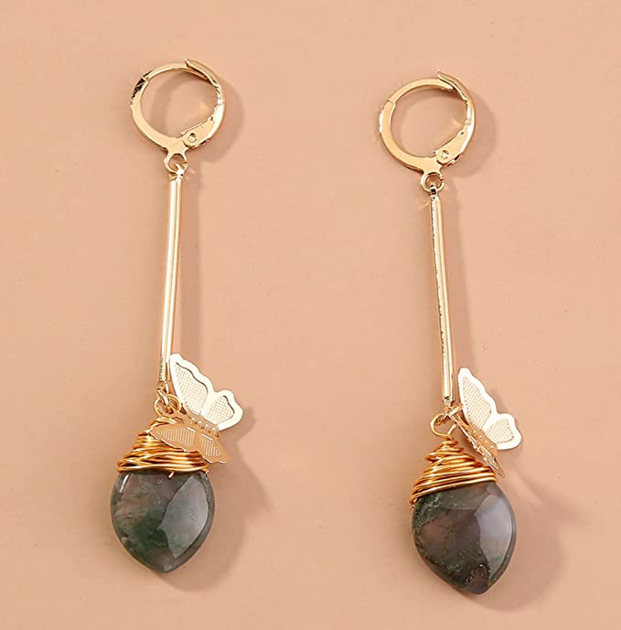 Mini Fluttering Butterfly On Semi-Precious Gem Dangle Earring, Gold Finish, Dainty Jewelry, Lever Back Closure, For Women