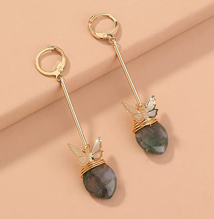 Mini Fluttering Butterfly On Semi-Precious Gem Dangle Earring, Gold Finish, Dainty Jewelry, Lever Back Closure, For Women