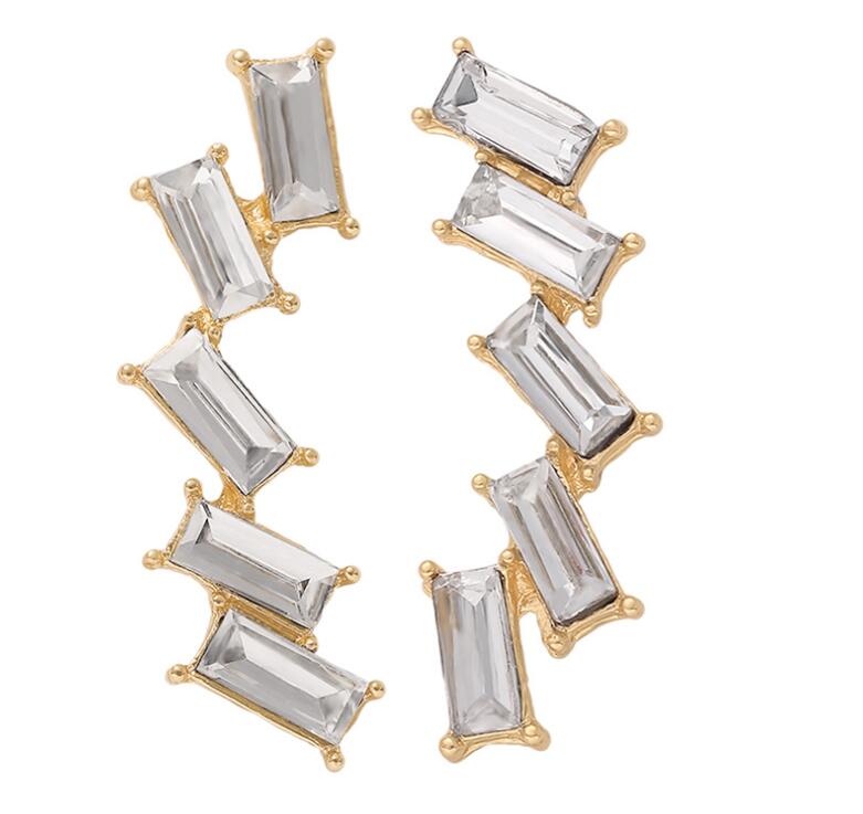 4 Colorways Finish Rectangular Simulated Diamond Earring Crawler, 5-Tier Baguette, Cuff Push Back Closure, For Women