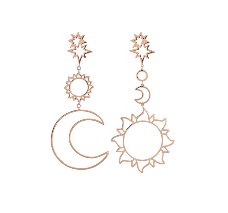 Mismatched Moon And Star Cut Out Design Earring Set, Dainty Jewelry, Rose Gold Finish, Push Back Closure, For Women And Girls