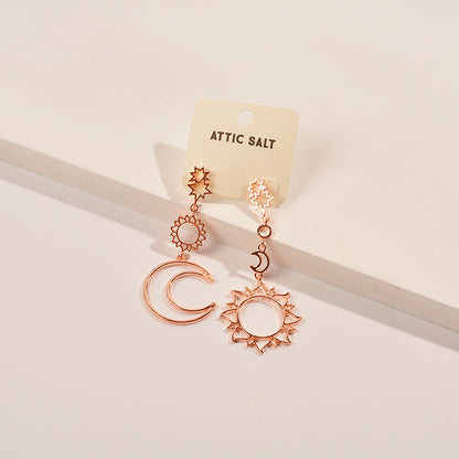 Mismatched Moon And Star Cut Out Design Earring Set, Dainty Jewelry, Rose Gold Finish, Push Back Closure, For Women And Girls