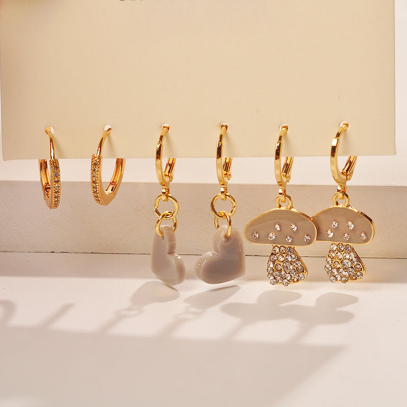 Trio 3 Pairs of Brass Acetate Earring Clips Zirconia Crystals Heart Mushroom 3 COLORS of Choice Perfect Gifts