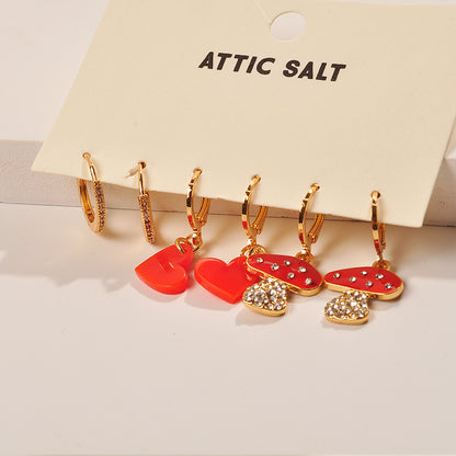 Trio 3 Pairs of Brass Acetate Earring Clips Zirconia Crystals Heart Mushroom 3 COLORS of Choice Perfect Gifts