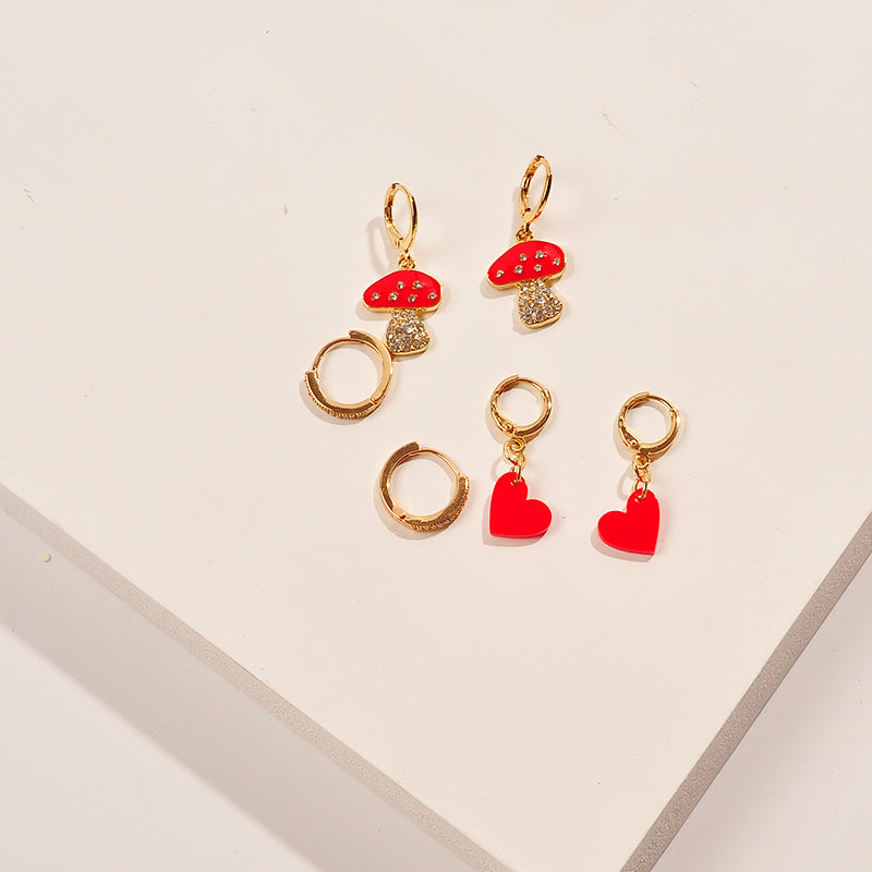 Trio 3 Pairs of Brass Acetate Earring Clips Zirconia Crystals Heart Mushroom 3 COLORS of Choice Perfect Gifts