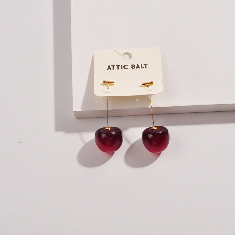 Modern And Chic Dark Cherry Simple Toggle Closure Earrings, Dangle Drop Fruit Earrings, Red And Silver Finish, Nickel Free, For Women And Girls