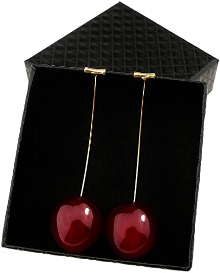 Modern And Chic Dark Cherry Simple Toggle Closure Earrings, Dangle Drop Fruit Earrings, Red And Silver Finish, Nickel Free, For Women And Girls