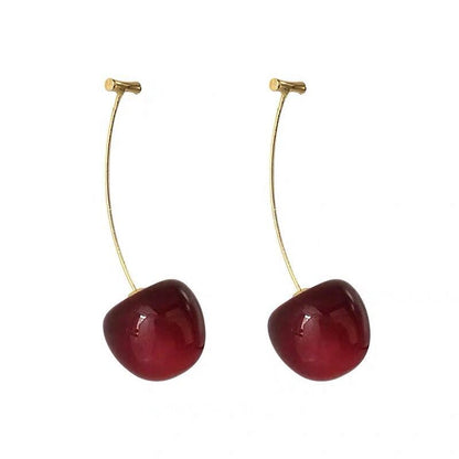 Modern And Chic Dark Cherry Simple Toggle Closure Earrings, Dangle Drop Fruit Earrings, Red And Silver Finish, Nickel Free, For Women And Girls