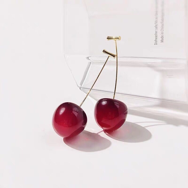 Modern And Chic Dark Cherry Simple Toggle Closure Earrings, Dangle Drop Fruit Earrings, Red And Silver Finish, Nickel Free, For Women And Girls