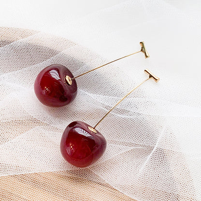 Modern And Chic Dark Cherry Simple Toggle Closure Earrings, Dangle Drop Fruit Earrings, Red And Silver Finish, Nickel Free, For Women And Girls