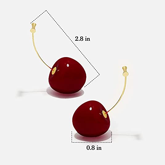 Modern And Chic Dark Cherry Simple Toggle Closure Earrings, Dangle Drop Fruit Earrings, Red And Silver Finish, Nickel Free, For Women And Girls