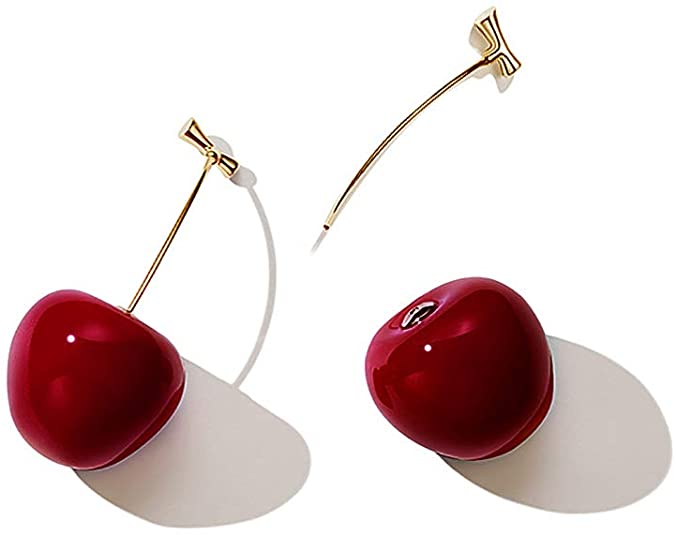 Modern And Chic Dark Cherry Simple Toggle Closure Earrings, Dangle Drop Fruit Earrings, Red And Silver Finish, Nickel Free, For Women And Girls