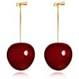 Modern And Chic Dark Cherry Simple Toggle Closure Earrings, Dangle Drop Fruit Earrings, Red And Silver Finish, Nickel Free, For Women And Girls